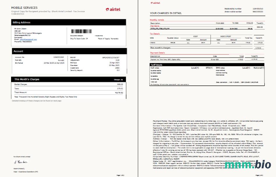 Szablon India Airtel rachunek za media w formatach Word i PDF, 2 strony, Wersja 3